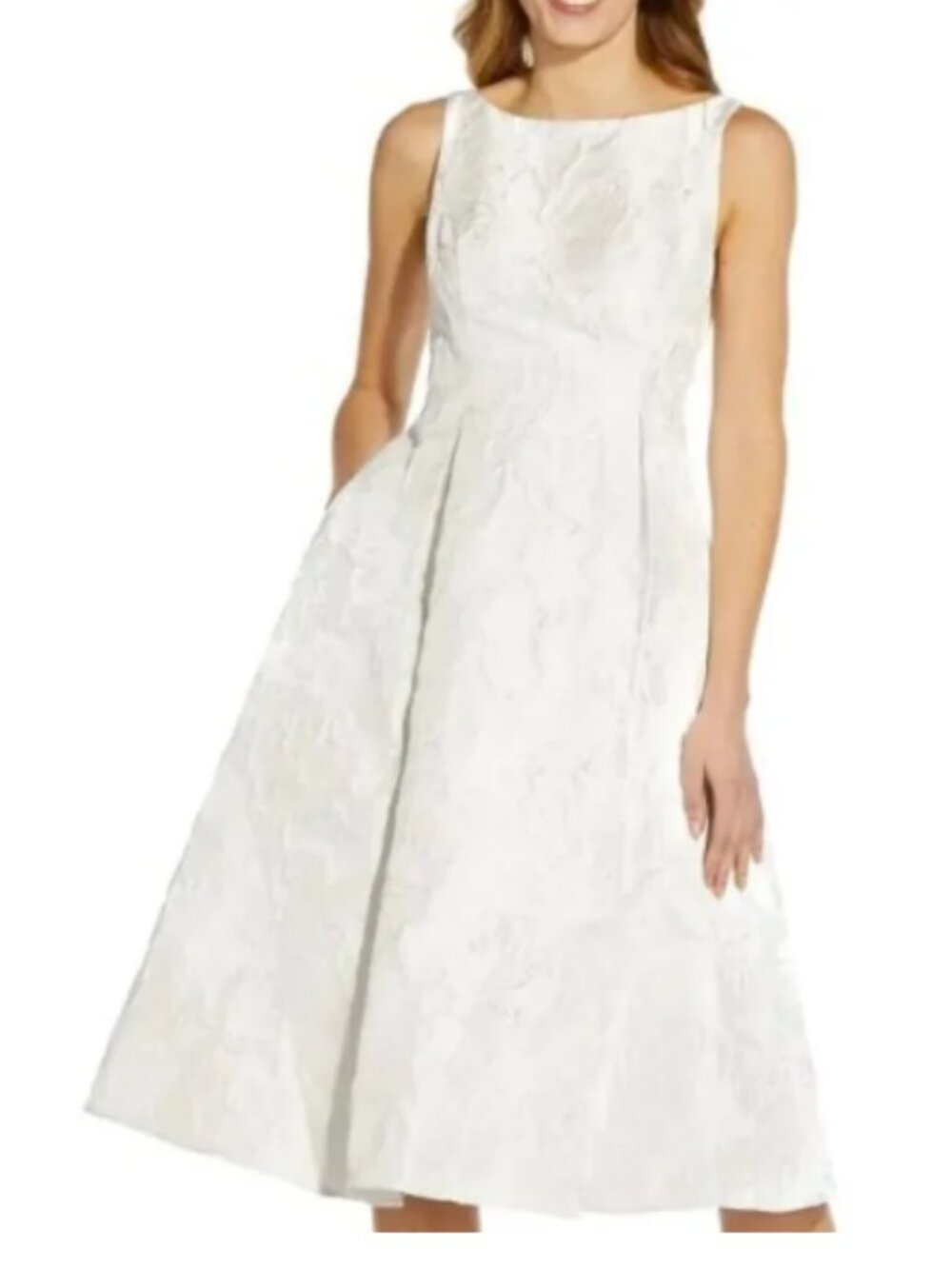 Adrianna Papell Size 6 White Jaquard Midi Dress